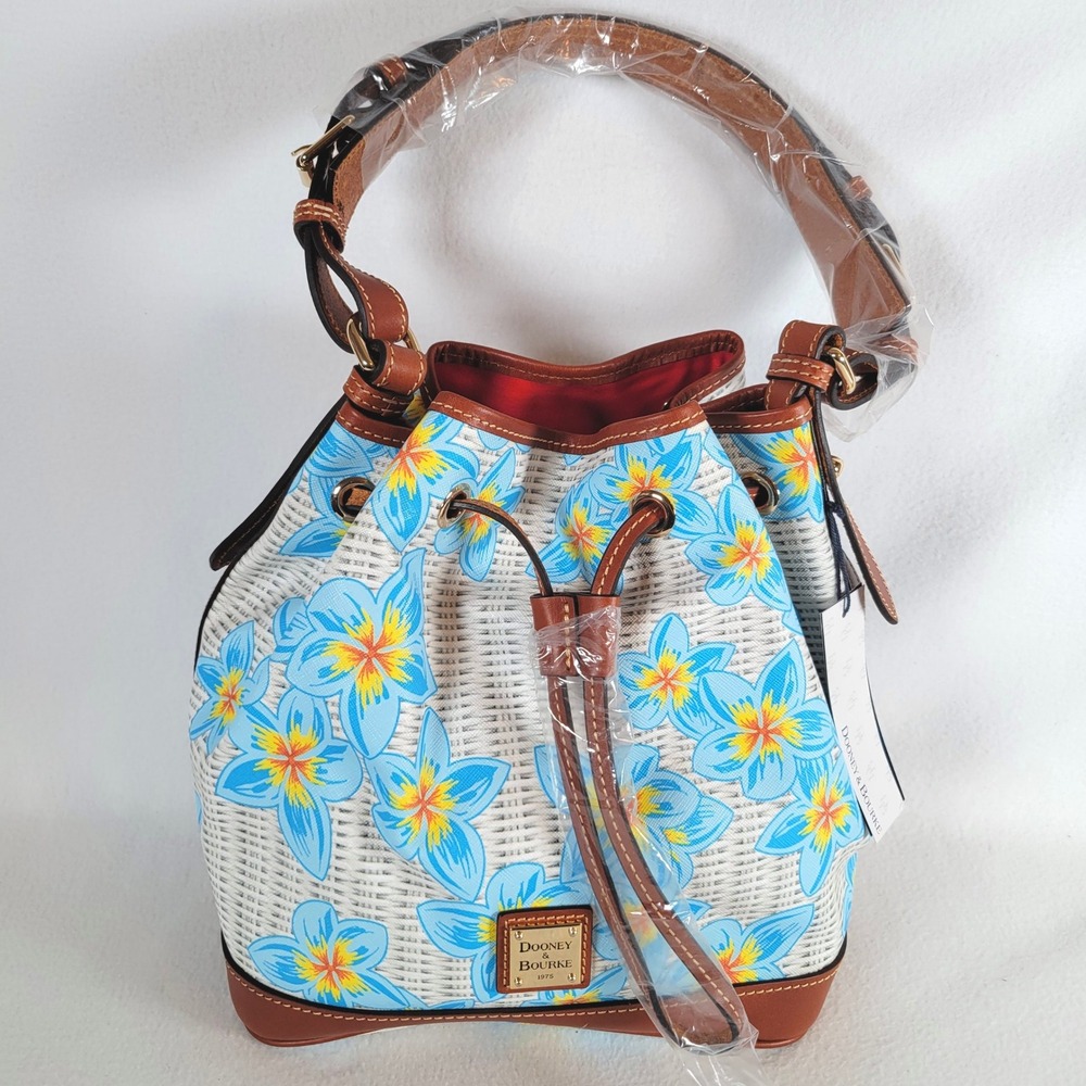 Dooney & Bourke Womens Plumeria Floral Drawstring Large Bucket Bag Blue Spring